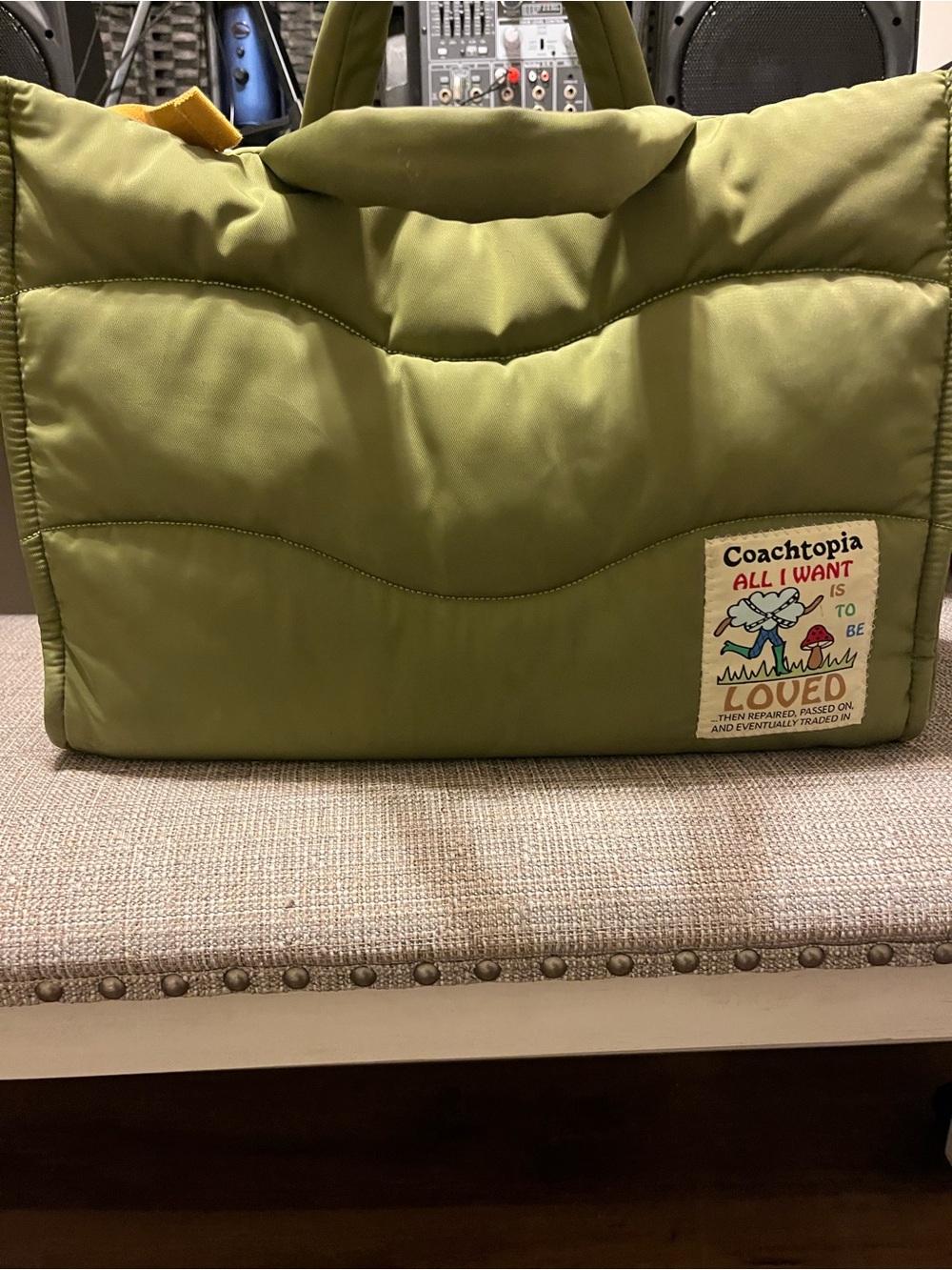 Coachtopia Olive Green Quilted Tote with Patch Detail